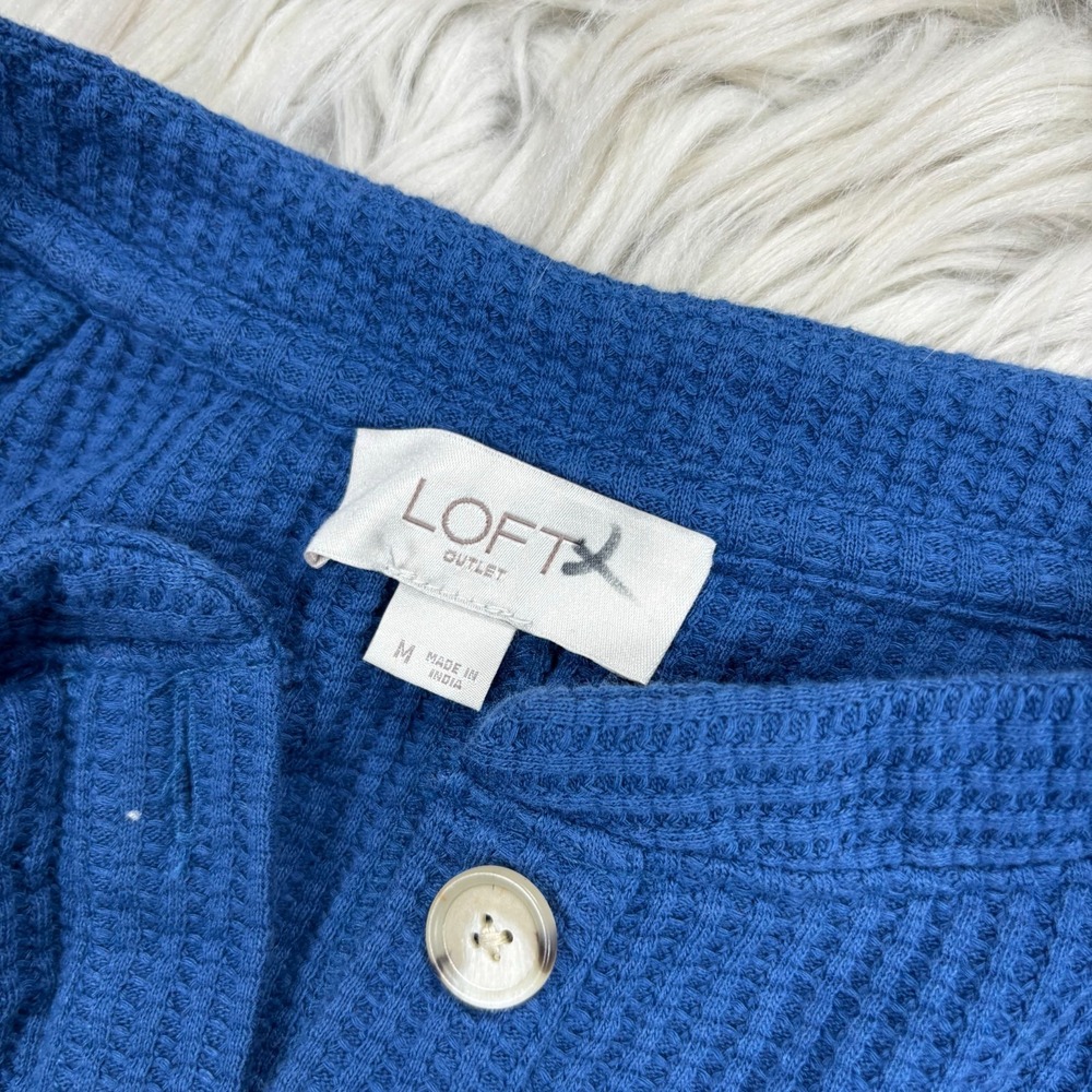 LOFT Women's M Blue Waffle Knit Henley Long Sleeve Top Normcore Cozycore Granola - Picture 3 of 5